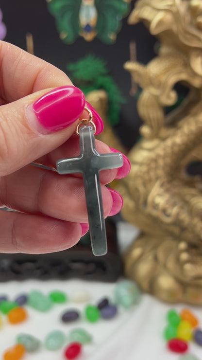 Blue Green Jadeite Jade Cross 14K Yellow Gold Pendant | Guatemalan Jade | UPC #406834