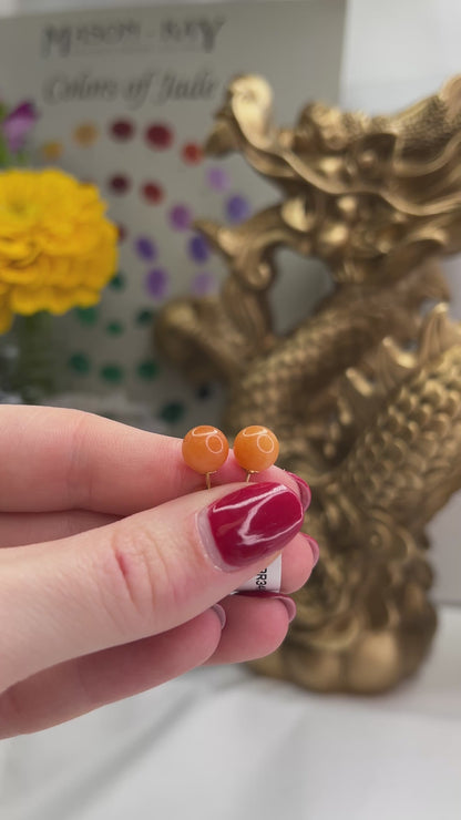 14K YELLOW GOLD RED JADEITE JADE 8MM BALL STUD  EARRING UPC #381001