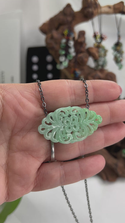 Green Jadeite Jade Necklace | Jade Carving on 18" Oxidized Steel Chain | UPC #392984