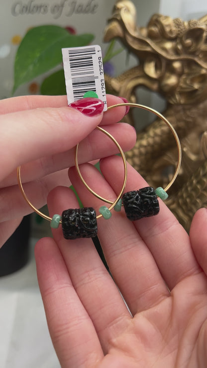 14K Yellow Gold Black Nephrite Jade Hoop Earrings | UPC #375291