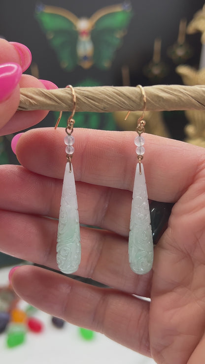 Green Jadeite Jade Tear Drop 14K Yellow Gold Earrings | UPC #402027