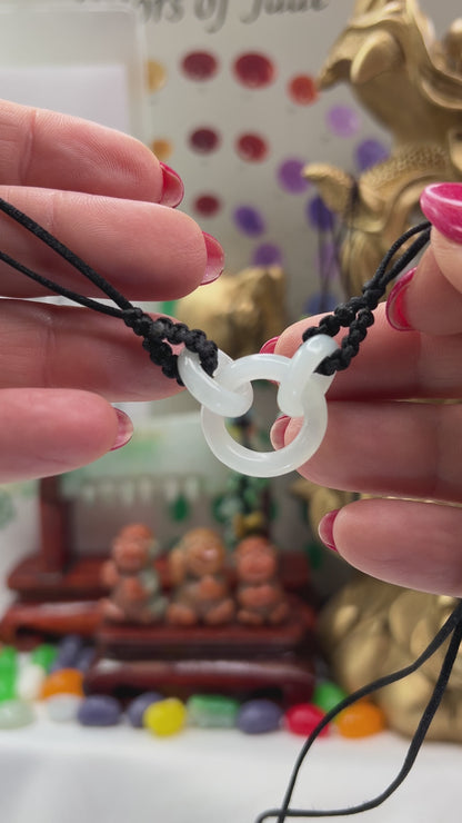 White Jadeite Jade Interlocking Triple Ring Adjustable Cord Necklace | UPC #400290