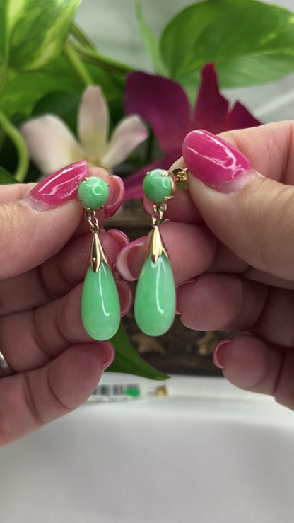 ESTATE 14K YELLOW GOLD GREEN JADEITE JADE TEAR DROP EARRING UPC #391390