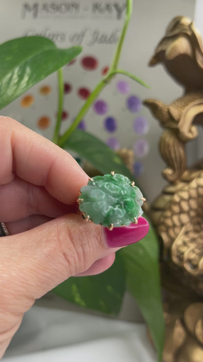 Green Jadeite Jade Carved Floral 14K Yellow Gold Ring | UPC #395688