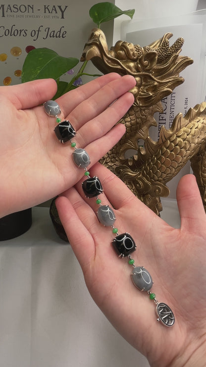 14K WHITE GOLD GREY JADEITE & BLACK NEPHRITE JADE BRACELET UPC #334915