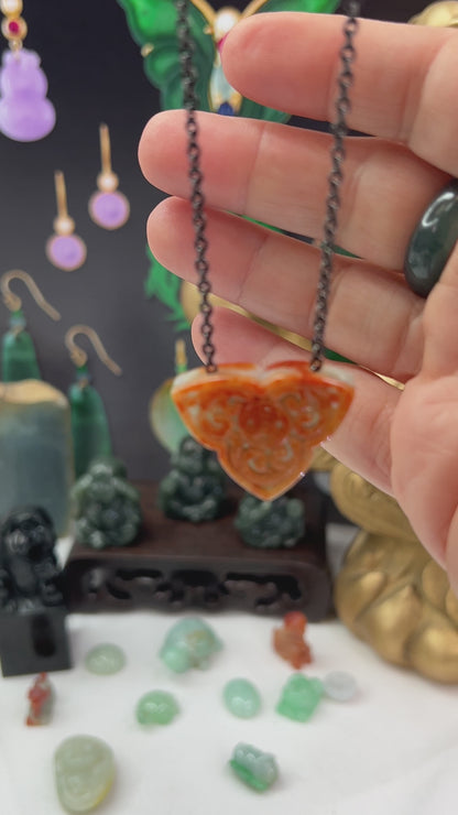 Red & Green Reversable Jadeite Jade Carved Freeform Slide on 20” Steel Chain Necklace | UPC #407466