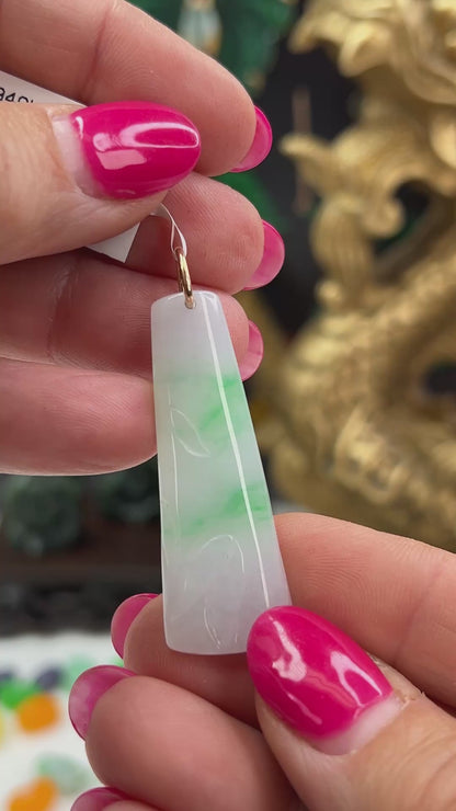 Green and White Jadeite Jade Carved Bamboo 14K Yellow Gold Pendant | UPC #226999