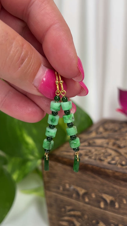 14K YELLOW GOLD GREEN JADEITE JADE DROP EARRING UPC #362505