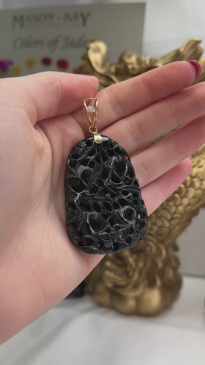 ESTATE 14K YELLOW GOLD BLACK NEPHRITE JADE CARVED PENDANT UPC #385238