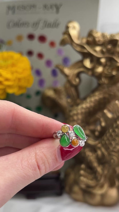 18K WHITE GOLD GREEN, RED & YELLOW JADEITE JADE & DIAMOND RING UPC #330221
