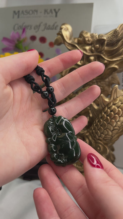 Green Nephrite Jade Carving | Jade Fish and Lotus Necklace on Cord | UPC #297654