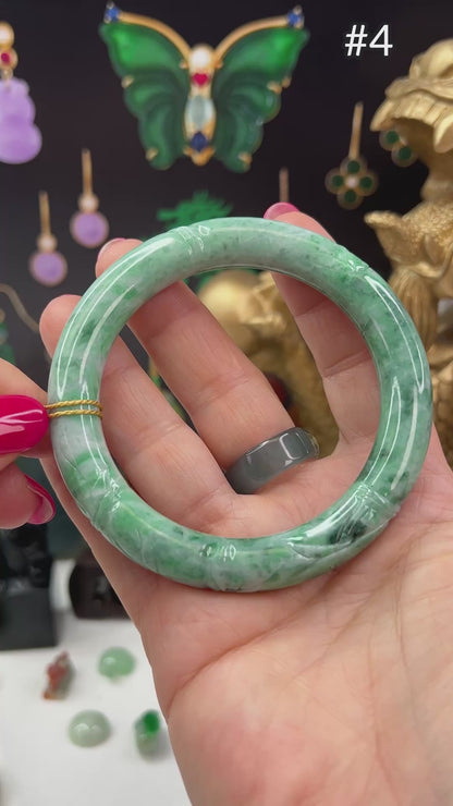 Green Jadeite Jade Carved Cylindrical Bangle 58-59MM | UPC #408104
