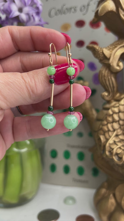 14K YELLOW GOLD GREEN JADEITE JADE DROP EARRING UPC #365926