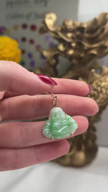 14K Yellow Gold Apple Green Jadeite Jade Pendant | Jade Buddha Carving | UPC #395473