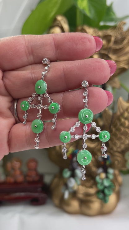 18K White Gold Apple Green Jadeite Jade Earrings | Chandelier Style Earrings for Women | UPC #310759