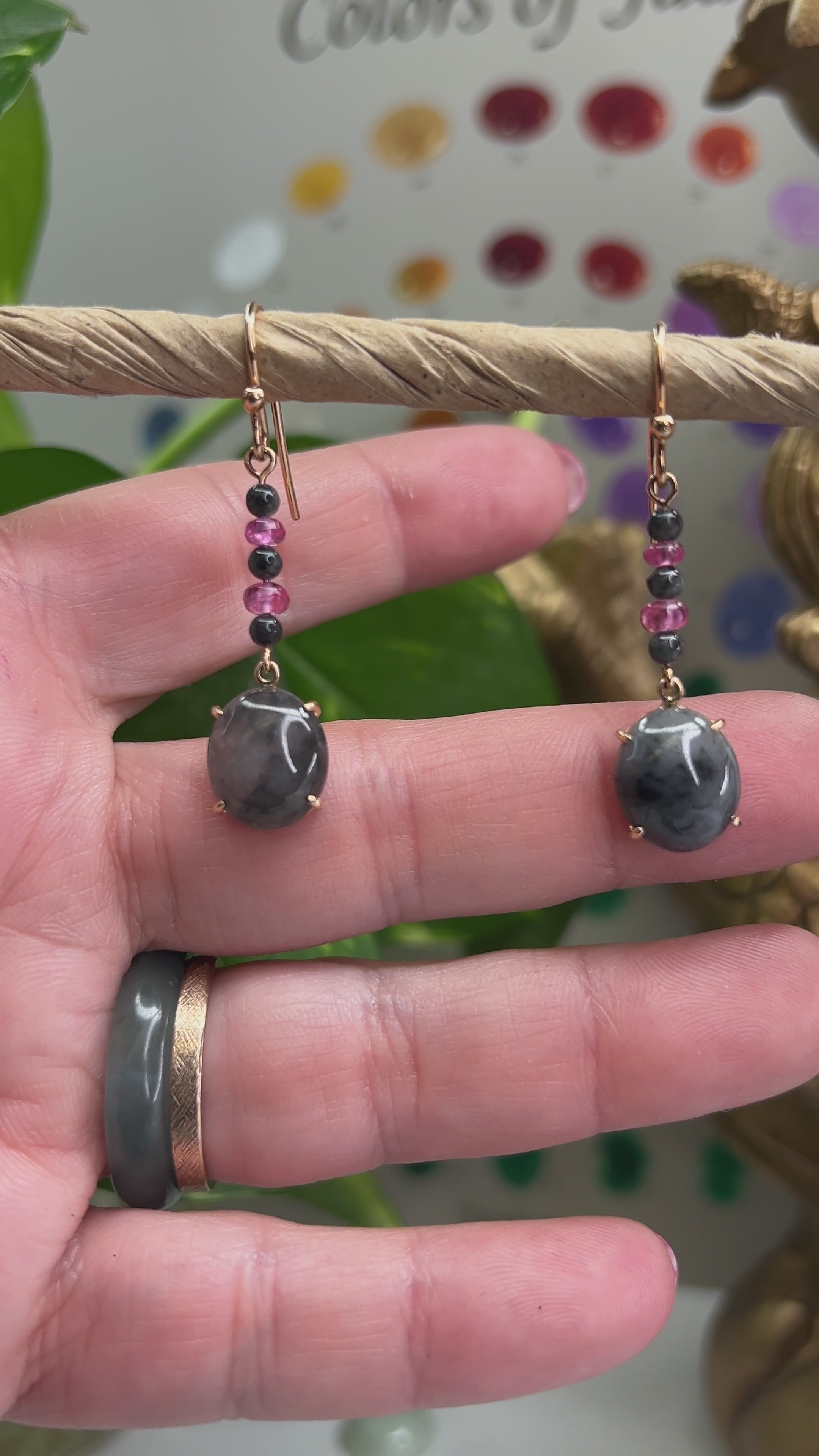 14K Yellow Gold Grey Jadeite Jade Drop Earrings | UPC