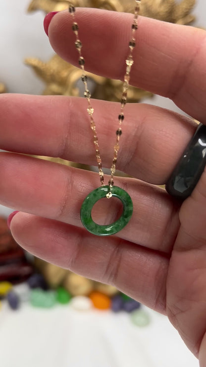 Green Jadeite Jade Open Circle Necklace on 14K Yellow Gold Chain | UPC #403543