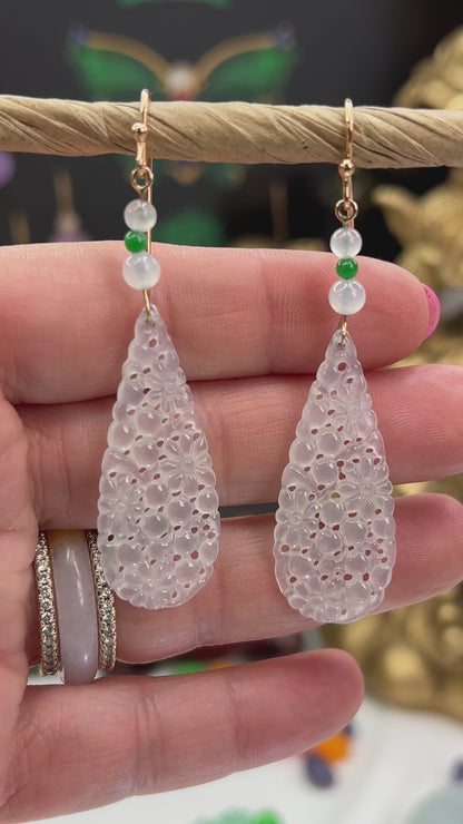 Ice Jadeite Jade Carved Drop 14K Yellow Gold Earrings | UPC #401556