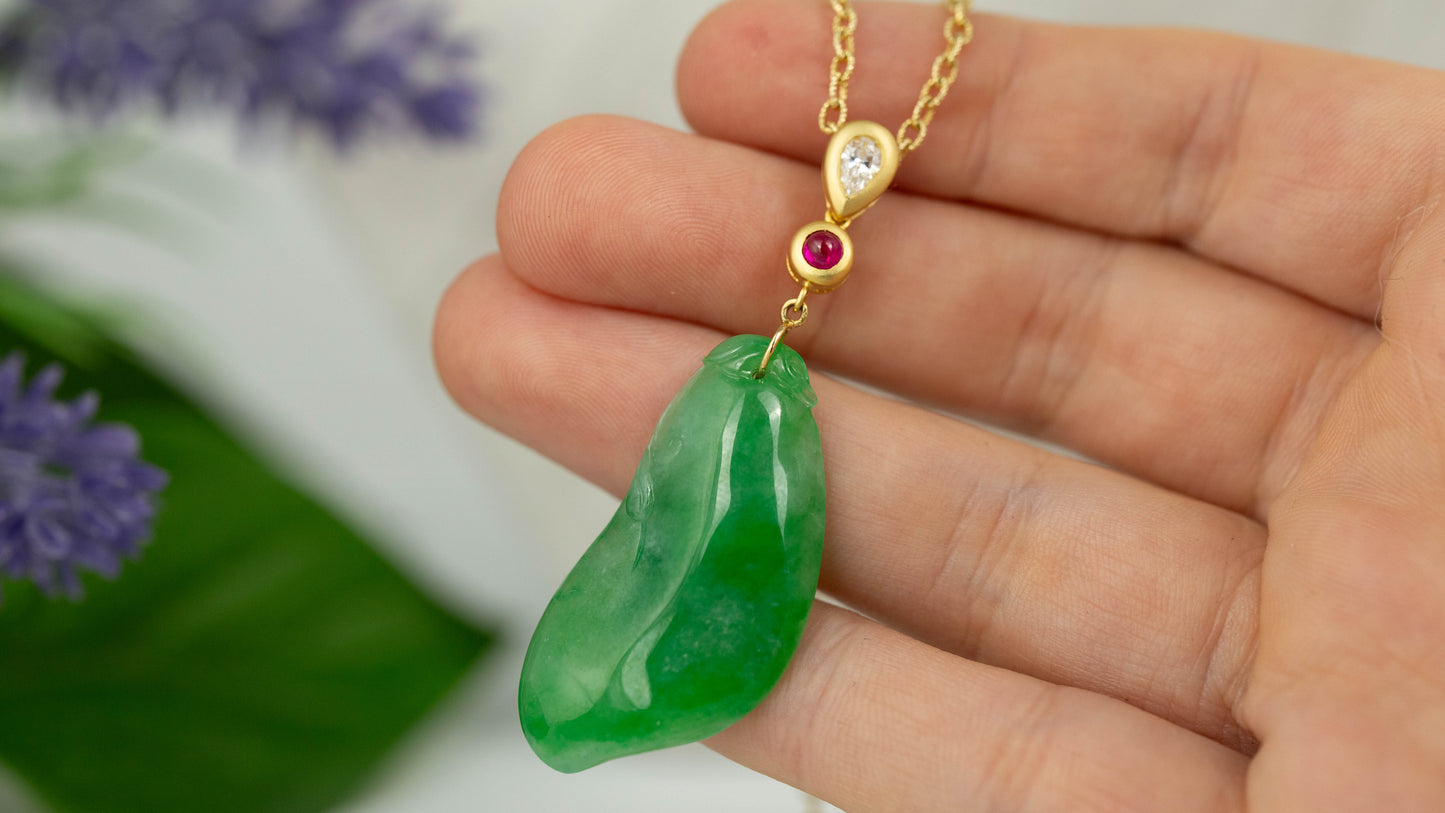 18K YELLOW GOLD GREEN JADEITE JADE GOURD PENDANT UPC #393240
