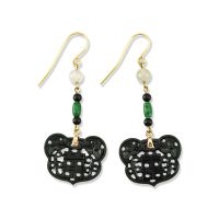 14K YELLOW GOLD BLACK NEPHRITE JADE DOUBLE HAPPINESS DROP EARRING UPC #348691