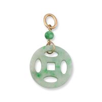 14K YELLOW GOLD GREEN JADEITE JADE CARVED COIN  PENDANT UPC #376649