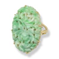 14K YELLOW GOLD GREEN JADEITE JADE CARVED COCKTAIL RING UPC #345164